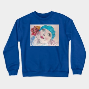 Girl with a Red Rose and Blue Beret Watercolor Crewneck Sweatshirt